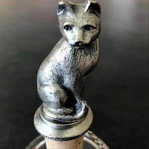 Pewter Cat Wine Cork w Chain Vintage Rare !!!
